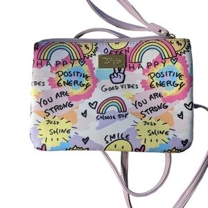 Betsy Johnson Wristlet Cross body Small Purse Good Vibes Inspirational  Rainbows